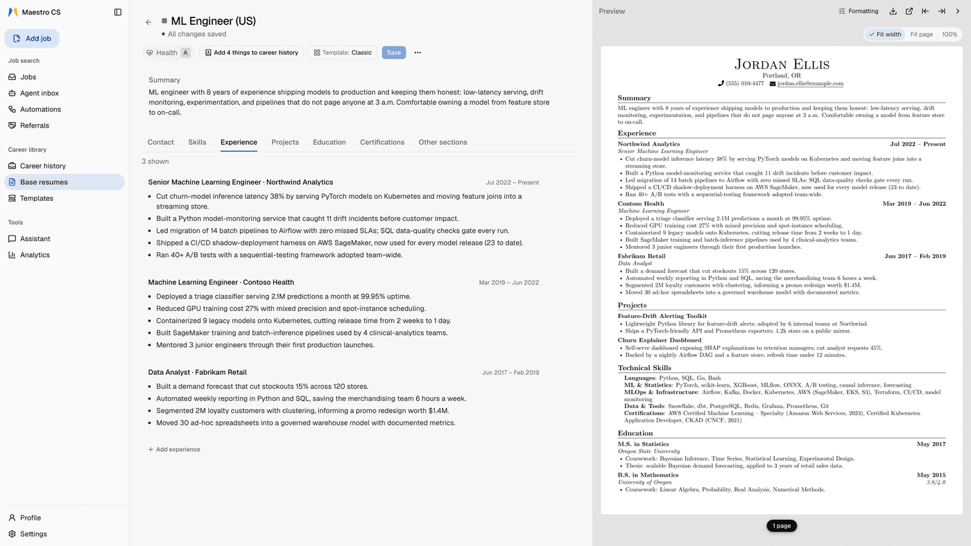 A base resume in the app, ML Engineer (US), with its colour square, health grade A and Template control in the toolbar, and the full one-page PDF preview beside the editor